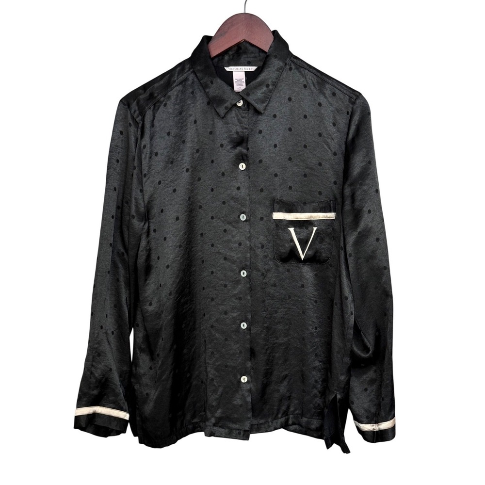 Victoria's Secret Pajama Top Womens Med Black Satin Polka Dot Button Up V Logo
